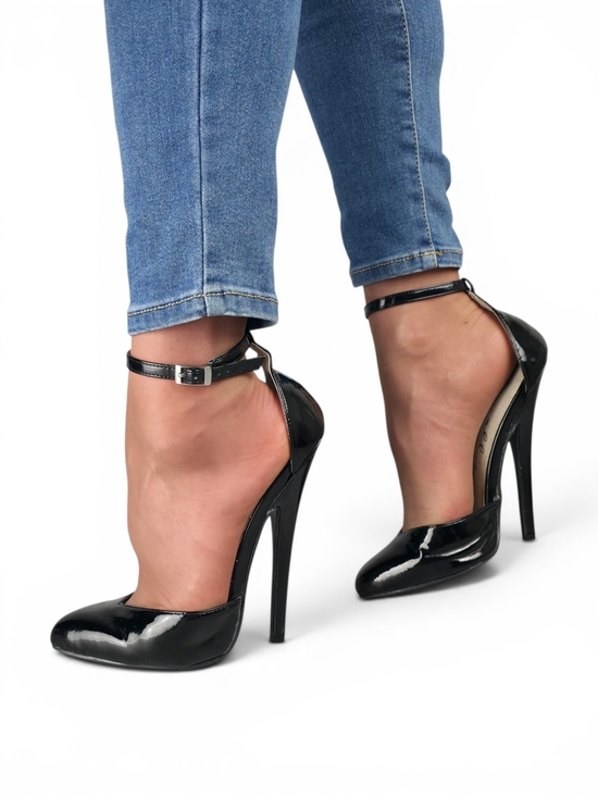 Ellie Shoes - Women's Black Patent Ankle-Strap Stiletto Pumps